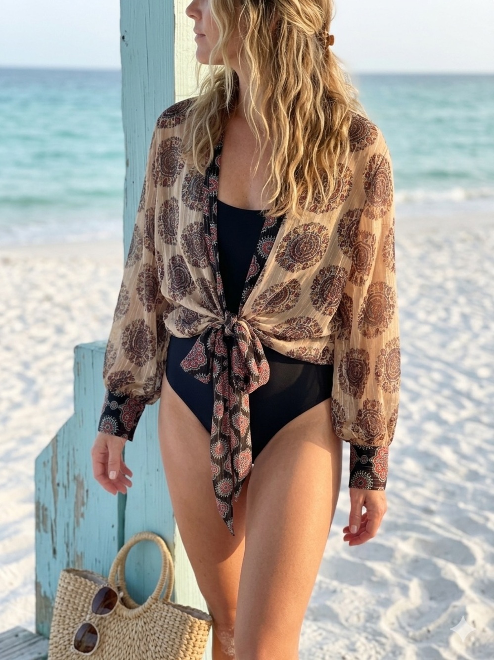 Free People Sheer Kantha Kimono Tie Front Boho Metallic Sz OS